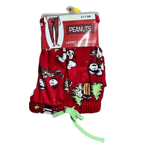 *NEW* Peanuts Snoopy & Gang Sz L Large Pajama Sleep Jogger Pants w/Pockets Red - Picture 1 of 2